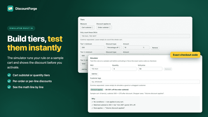 Tiered discount editor with simulator applying it to a cart