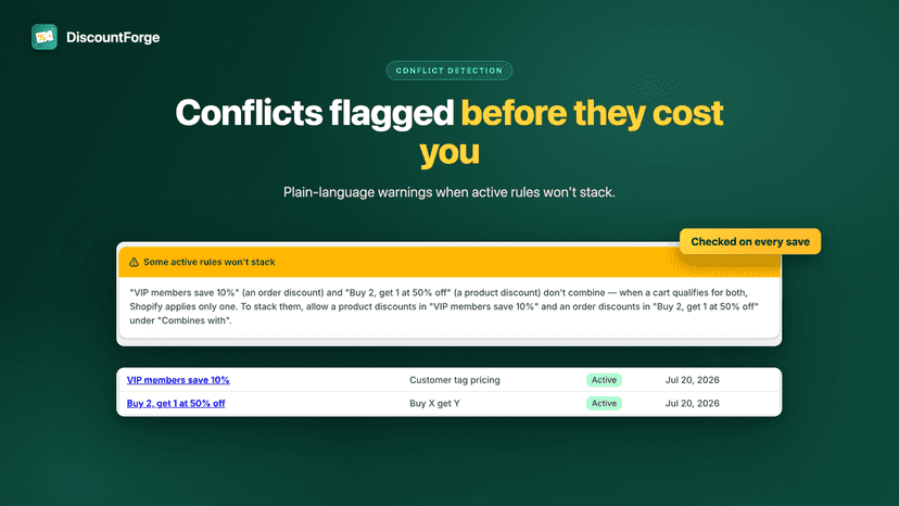 Warning banner flagging two rules that conflict on the same cart