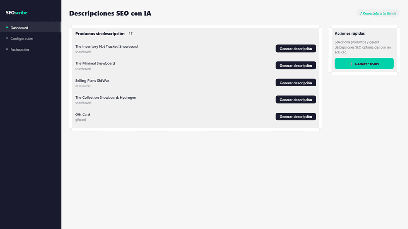 Dashboard with products that need SEO descriptions