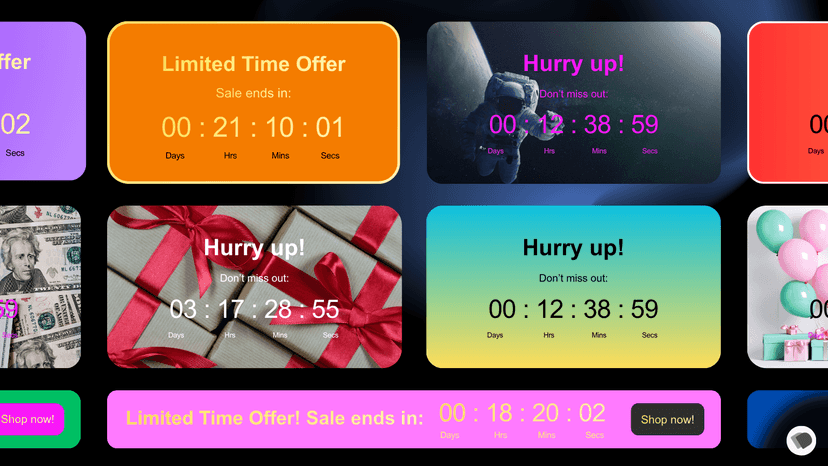 Custom countdown styles for bars, cards, and backgrounds