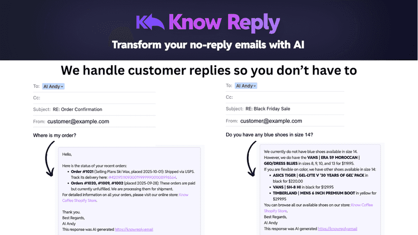 Know Reply AI replies to customer emails with order info