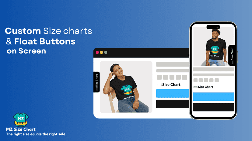 Size chart popup, MZ Size Chart on mobile and desktop preview