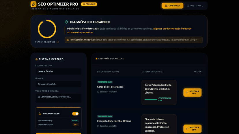 SEO Optimizer Pro dashboard showing real-time catalog health.