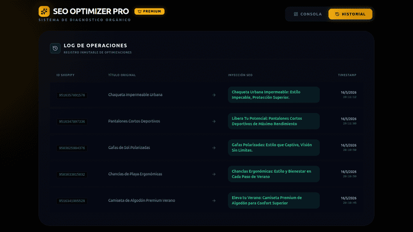 Optimization history log tracking indexable store products.