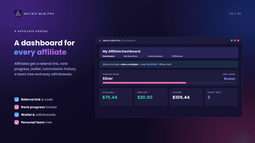 Affiliate dashboard with rank progress and balances