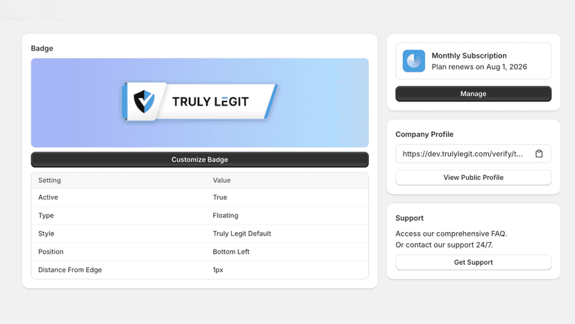 The Truly Legit app dashboard, desktop screenshot