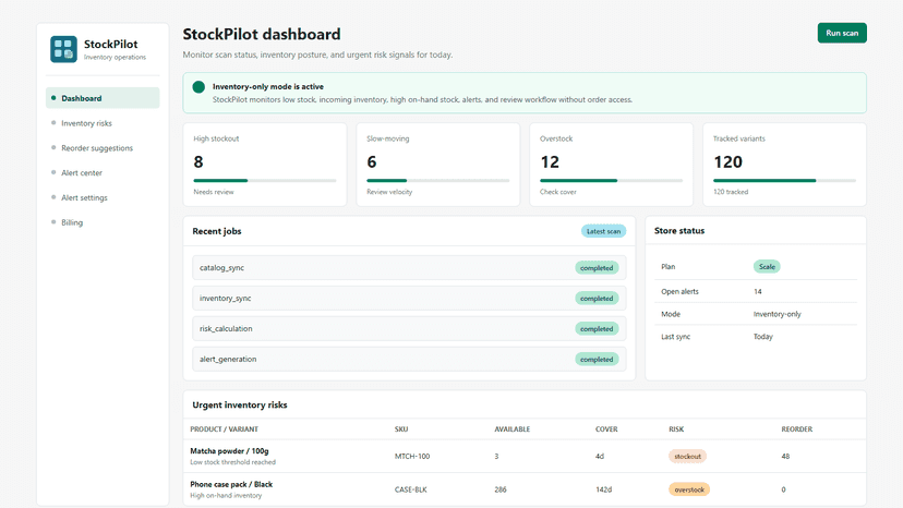 StockPilot dashboard with inventory scan results