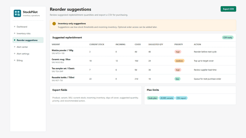 Reorder suggestions table with CSV export