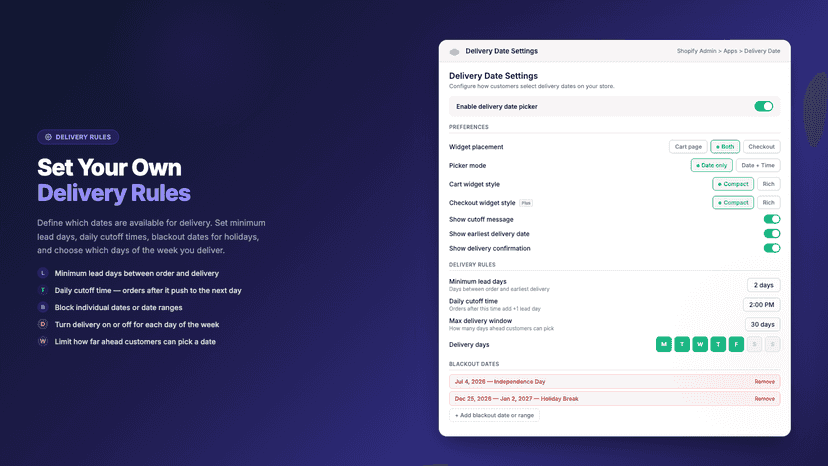 Admin settings for delivery rules, lead days, and blackout dates