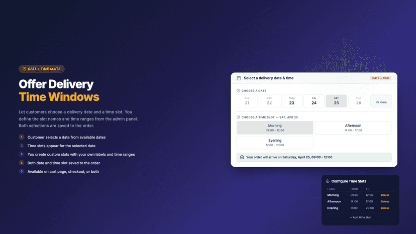 Date picker with time slot selection for delivery scheduling
