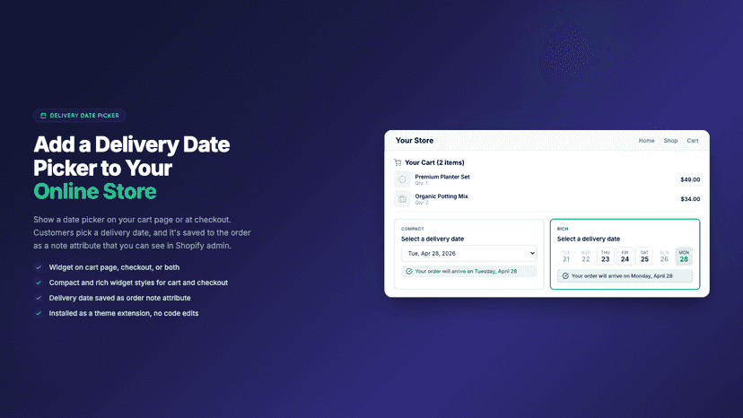 Delivery date picker in compact and rich styles on a cart page