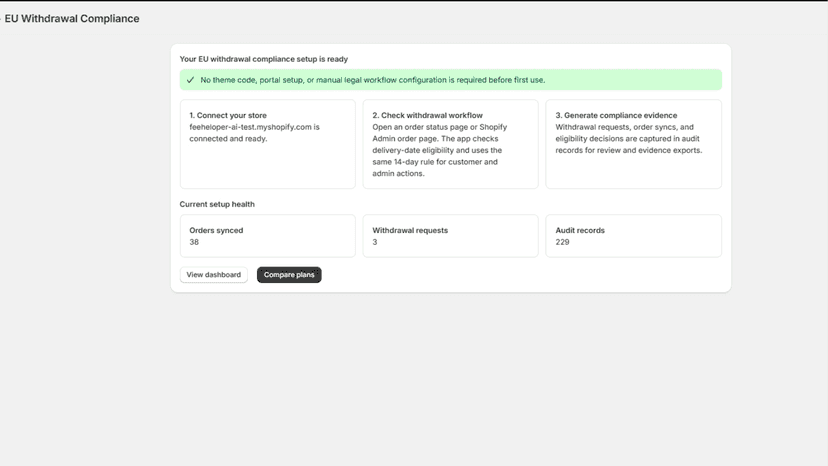 Setup page showing EU withdrawal workflow steps for merchants