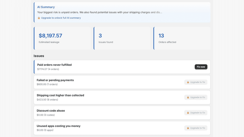 RevLeak dashboard showing $8,197 in estimated leakage across 3 i
