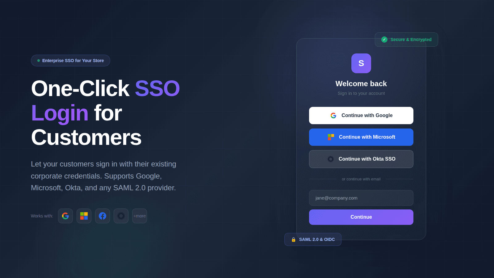 Enterprise SSO login page with Google, Microsoft, and Okta butto