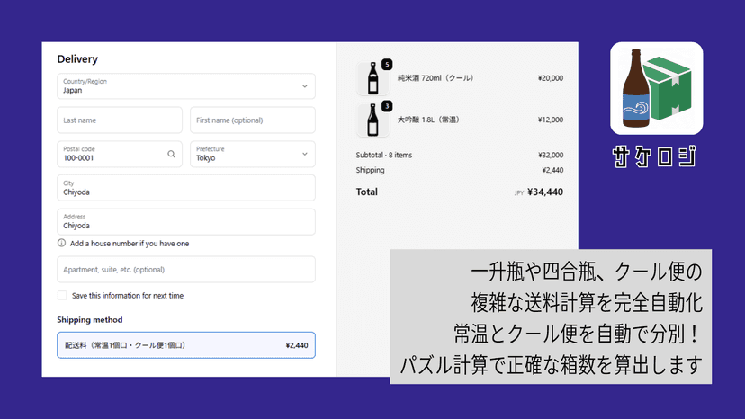 カート内の各商品のサイズから最適な箱数をパズル計算し、常温・クール便を自動分別