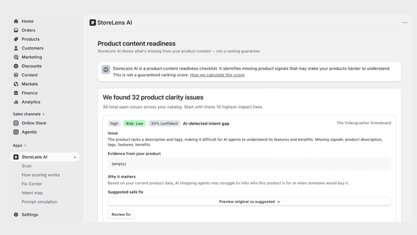 StoreLens AI readiness dashboard and product audit score