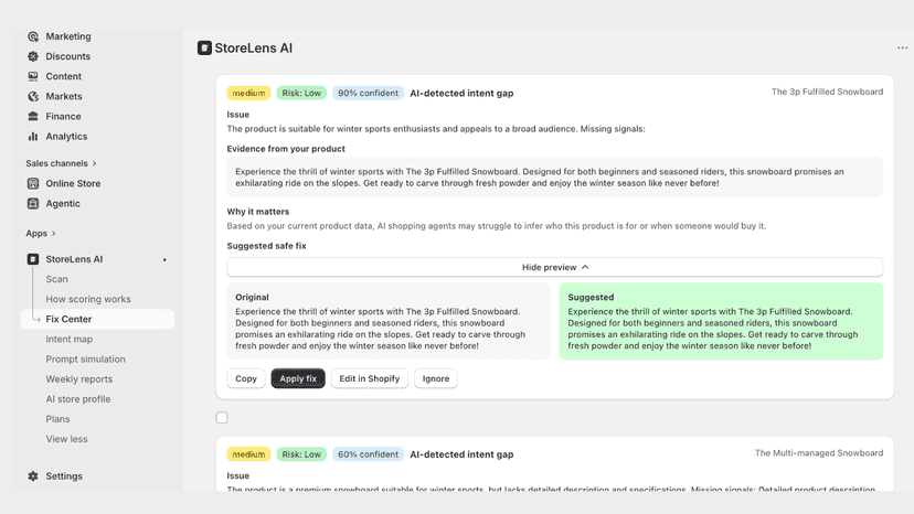 Fix Center showing reviewable product content suggestions