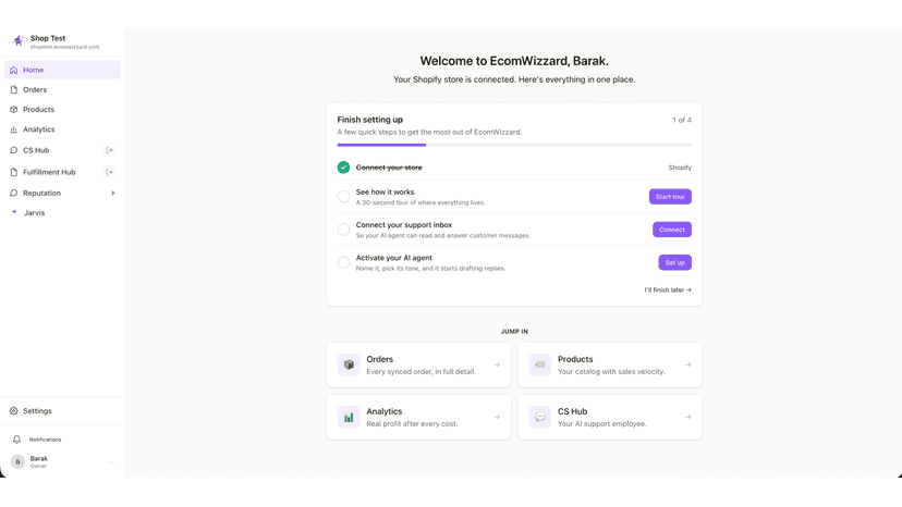 Home — welcome + setup guide