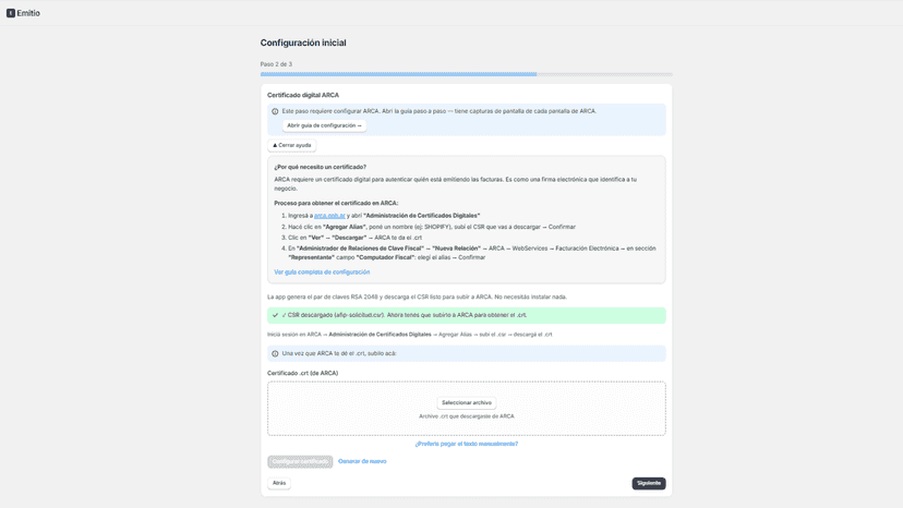 Asistente de configuración: certificado digital ARCA