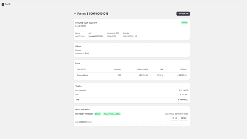 Detalle de factura con IVA, Nota de Crédito y Débito