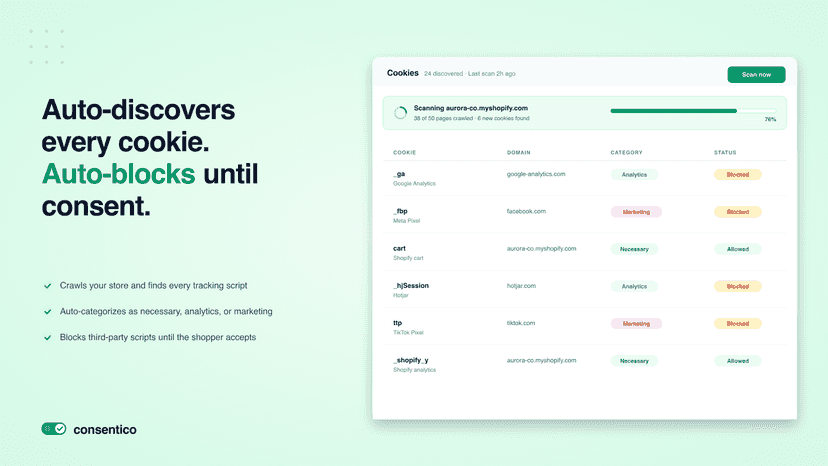 Cookie scanner auto-discovers and auto-blocks tracking script