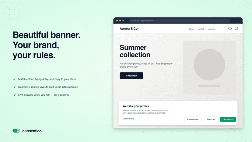 Cookie consent banner on Shopify storefront with brand colors