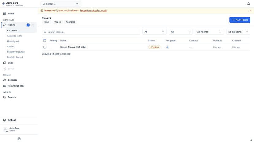ZippTicket dashboard showing the support ticket inbox view