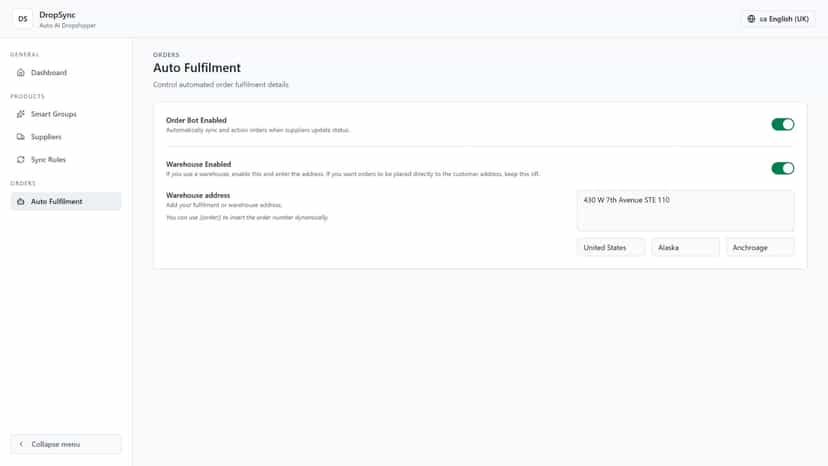 Order automation settings with supplier and fulfilment rules