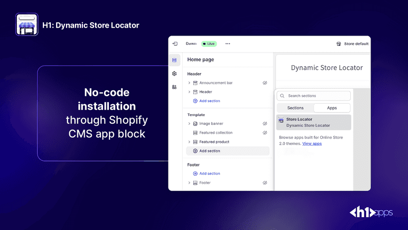 No-code installation through Shopify CMS app block