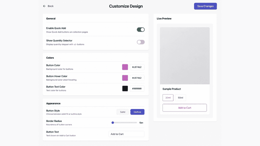 Quantity selector and Add to Cart button customization preview