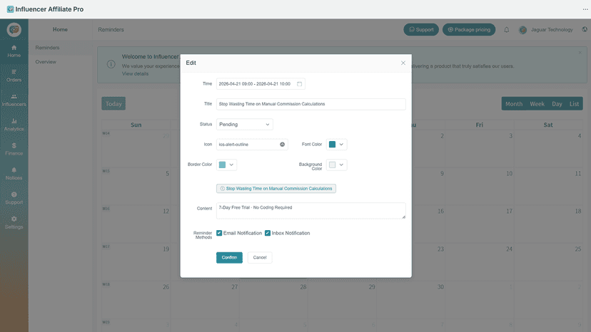 Set calendar reminders with email and in-app notifications