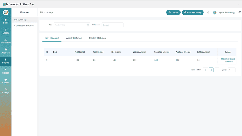 Export commission and billing data anytime