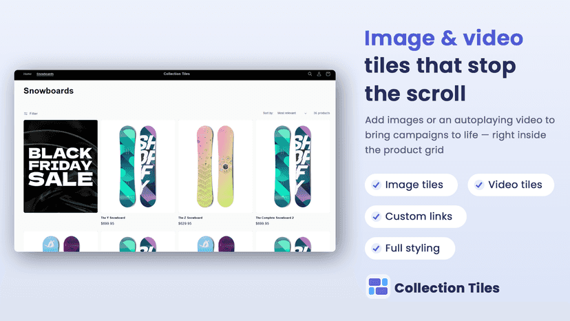 Black Friday image tile shown among collection page products
