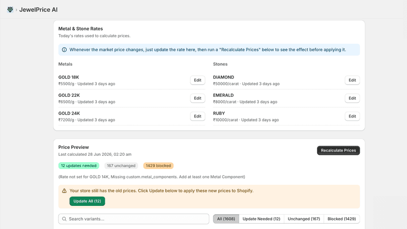 Screenshot of dashboard tab