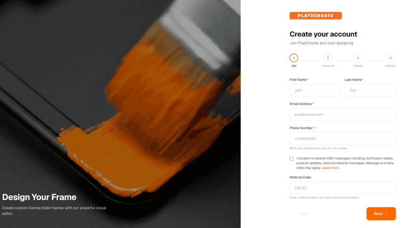 PlateCreate signup form with name, email, and phone fields.