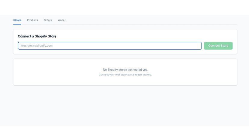 Shopify integration page with wallet and Connect Store input.
