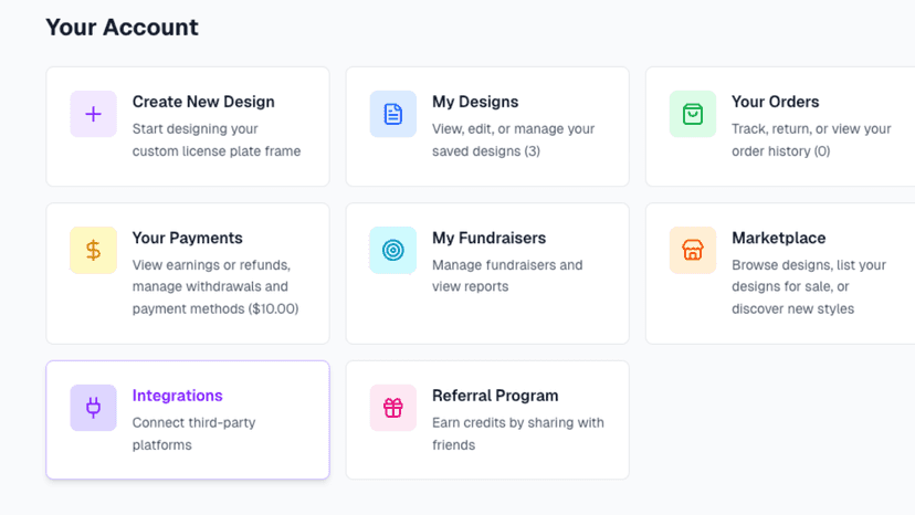 PlateCreate dashboard with designs, orders, and integrations.