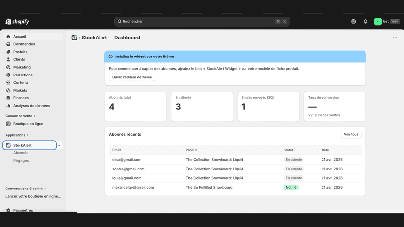 Dashboard StockAlert : KPIs abonnés et liste des inscrits récent