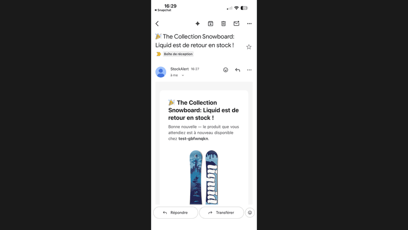 Email de retour en stock reçu sur iPhone avec CTA Voir produit