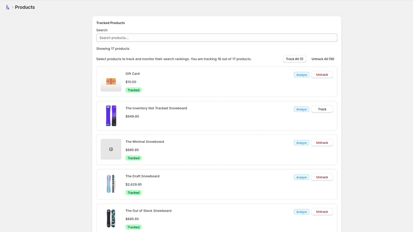 Screenshot showing tracked and untracked products