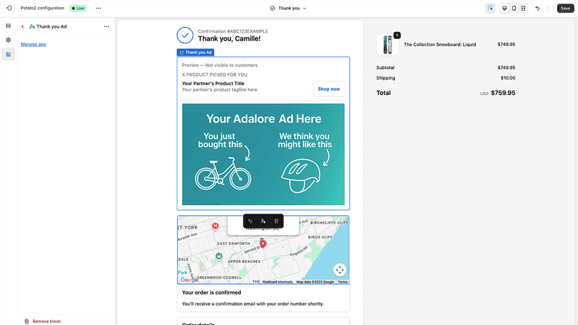 Adalore Ad positioning view on the Thank You page editor.