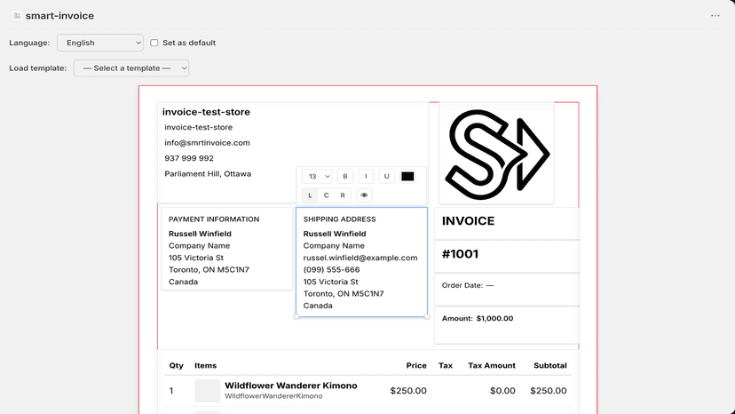 Invoice template editor