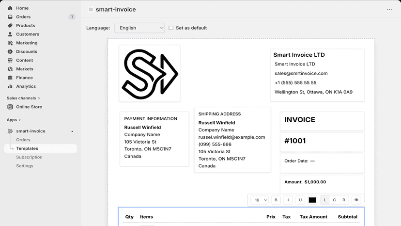 Invoice templates editor