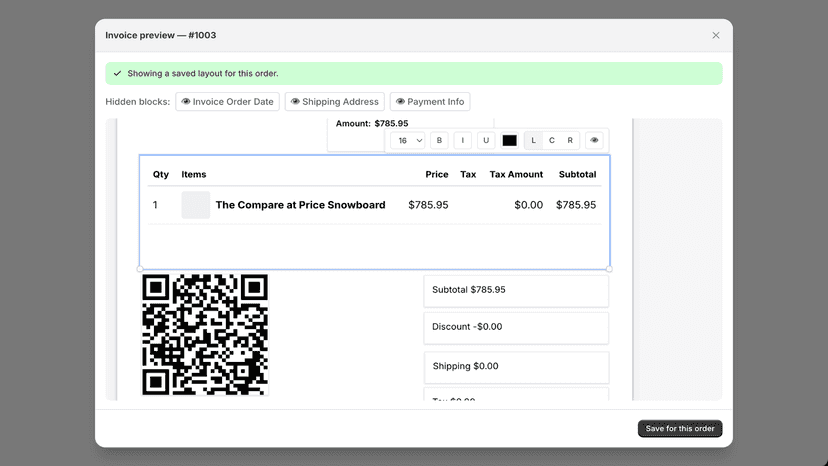 Branded editable preview with line items, totals, and QR code