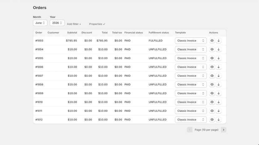 Orders list with preview and download for each order