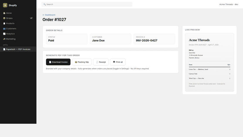 Order detail page with Generate Invoice/Packing etc