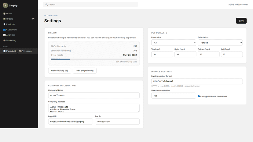 Settings: cap-raise control, company info, PDF defaults