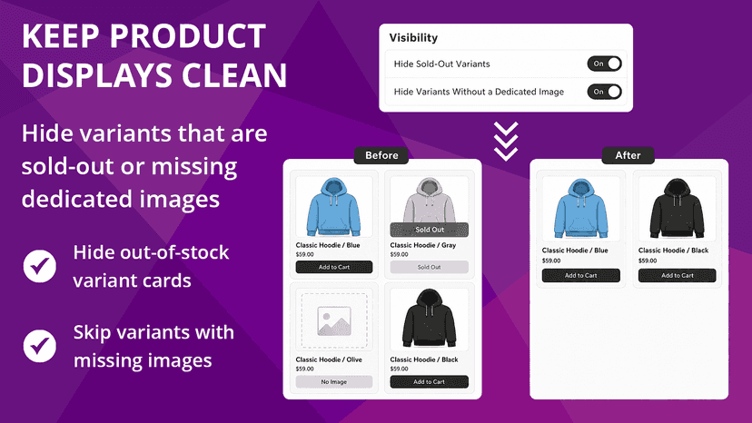 Hide sold-out variants and missing images