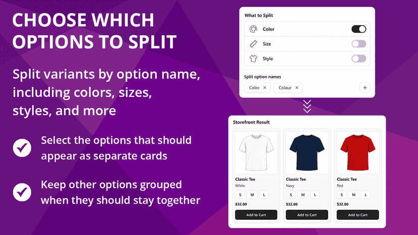 Choose which product options to split into cards