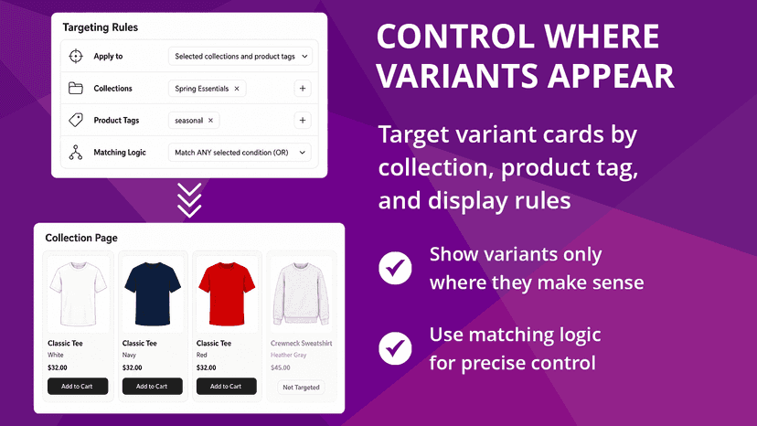 Target variant cards by collection and product tag